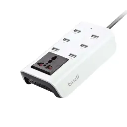 شارژر دیواری 24 وات بودی مدل Budi AC302UW با 6 خروجی USB به همراه کابل 1.5 متری سفید