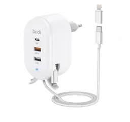 شارژر دیواری 30 وات بودی مدل Budi M8J312TE با خروجی USB و USB-C و کابل تبدیل USB-C به microUSB/لایتنینگ  سفید