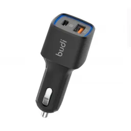 شارژر فندکی 20 وات بودی مدل Budi CC065TB38 با خروجی USB و USB مشکی