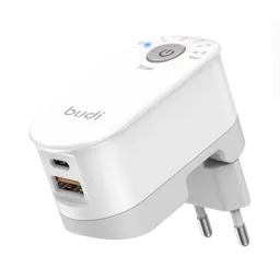 شارژر دیواری 18 وات بودی تایمردار مدل Budi M8J030TE با خروجی USB و USB-C  سفید