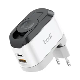 شارژر دیواری 20 وات بودی مدل Budi AC330WEW دو پین با یک خروجی USB، یک خروجی USB-C و یک خروجی شارژ بی سیم ساعت سفید